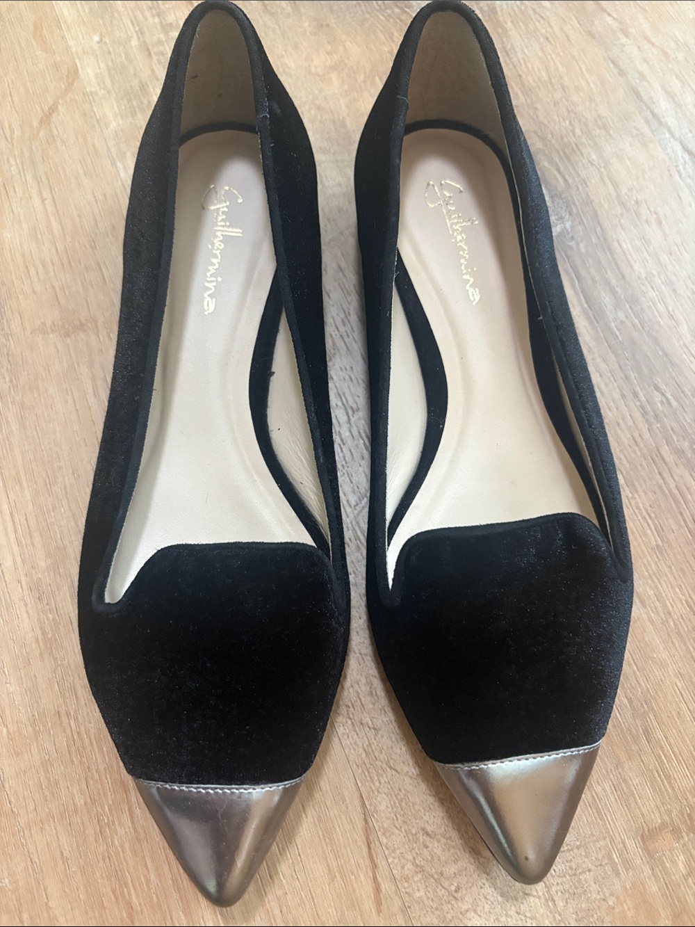 Anthropologie Guilhermina velvet Shoes in black with silver toe caps 8M